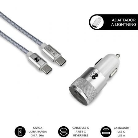 Subblim Cargador de Coche Dual PD20W+QC3.0 con Cable USB C a Lightning Blanco